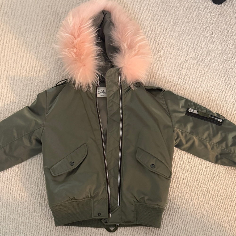 SAM. Olive Green Bomber Jacket with Pink Fur Trim
